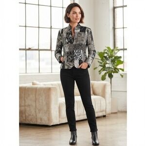Christopher & Banks vtg Patchwork Zip Front Jacket Gray Black Mixed Print Medium